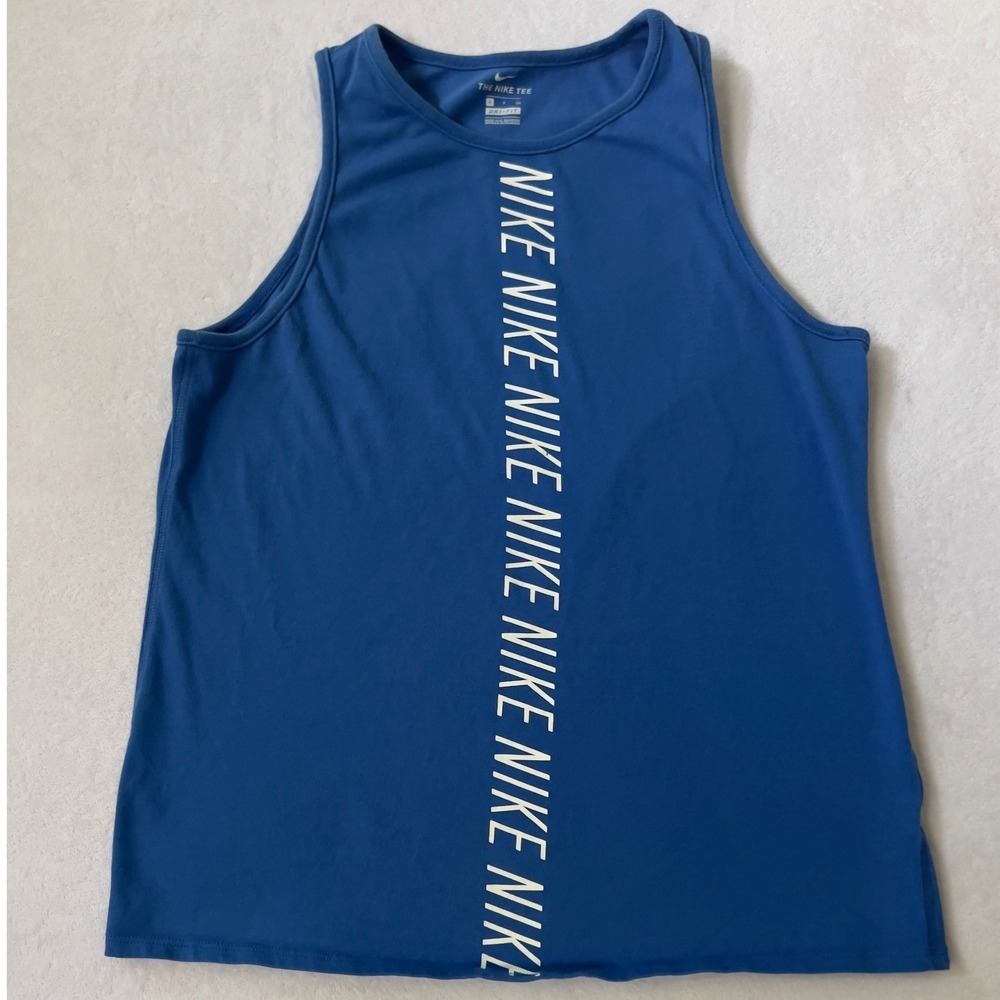 Nike Tank Top Blue Dri-FIT Vertical Logo Graphic Sleeveless Shirt Small